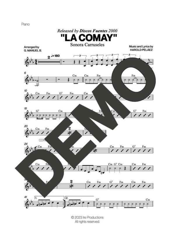 Sonora Carruseles – La Comay – Sheet Music Demo Page 2 (PDF) – Includes charts for Trumpets, Trombones, Saxophone, Piano and Bass