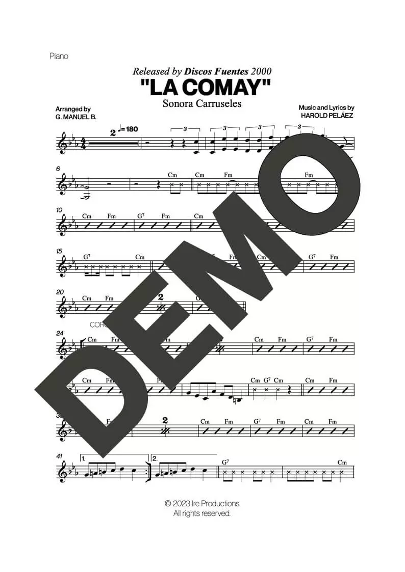 Sonora Carruseles – La Comay – Sheet Music Demo Page 2 (PDF) – Includes charts for Trumpets, Trombones, Saxophone, Piano and Bass