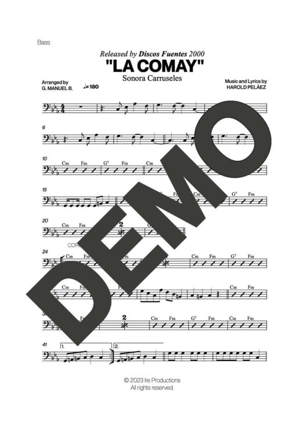 Sonora Carruseles – La Comay – Sheet Music Demo Page 3 (PDF) – Includes charts for Trumpets, Trombones, Saxophone, Piano and Bass