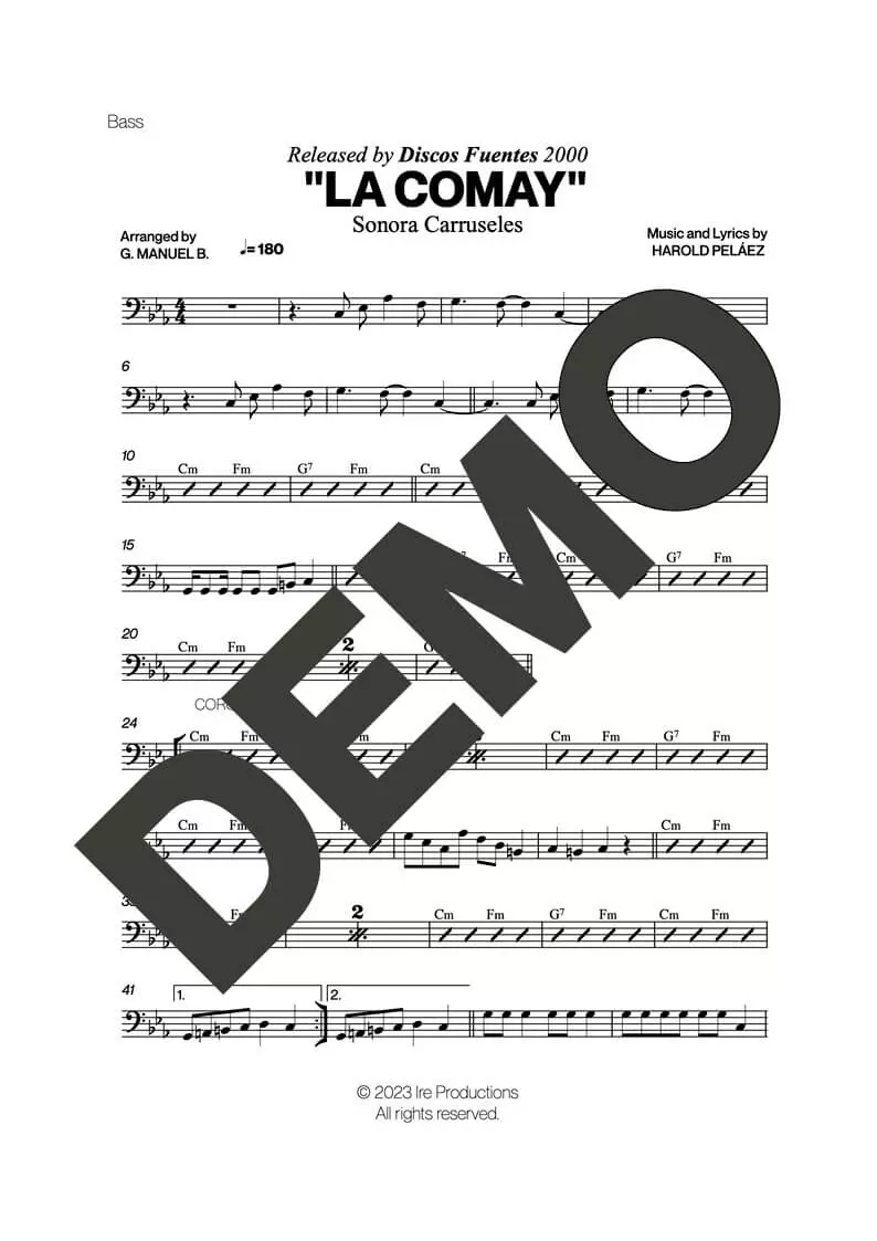 Sonora Carruseles – La Comay – Sheet Music Demo Page 3 (PDF) – Includes charts for Trumpets, Trombones, Saxophone, Piano and Bass