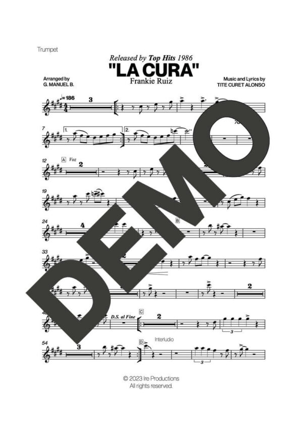 Frankie Ruiz – La Cura – First Page of Sheet Music Preview (PDF) – Includes charts for Trumpets, Trombones, Saxophone, Piano and Bass