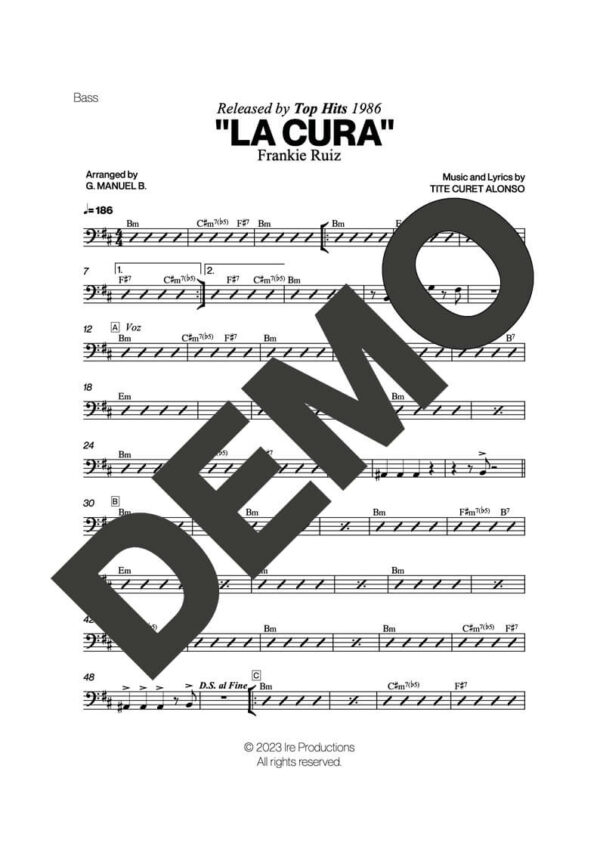 Frankie Ruiz – La Cura – Sheet Music Demo Page 3 (PDF) – Includes charts for Trumpets, Trombones, Saxophone, Piano and Bass