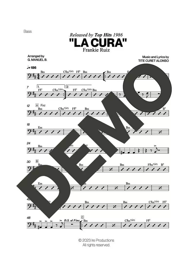 Frankie Ruiz – La Cura – Sheet Music Demo Page 3 (PDF) – Includes charts for Trumpets, Trombones, Saxophone, Piano and Bass