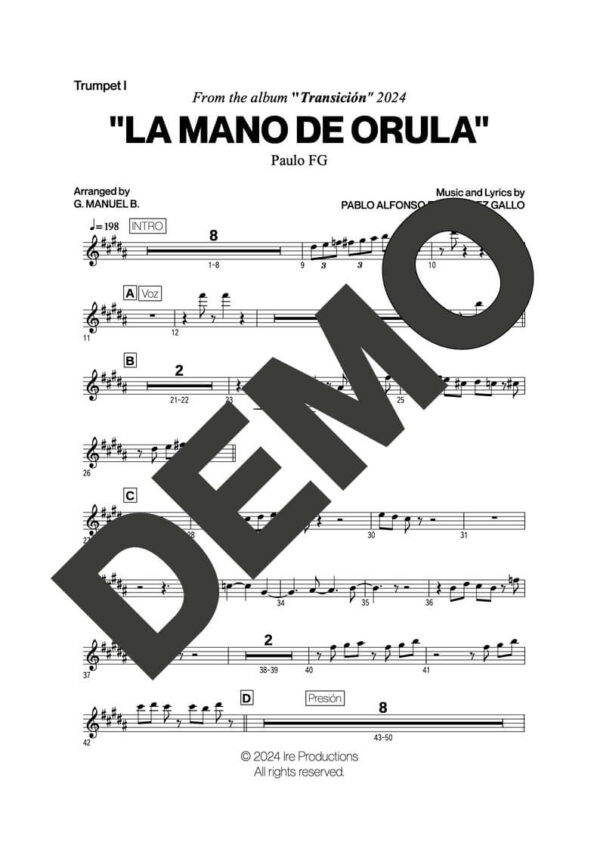 Paulo FG – La Mano de Orula – First Page of Sheet Music Preview (PDF) – Includes charts for Trumpets, Trombones, Saxophone, Piano and Bass