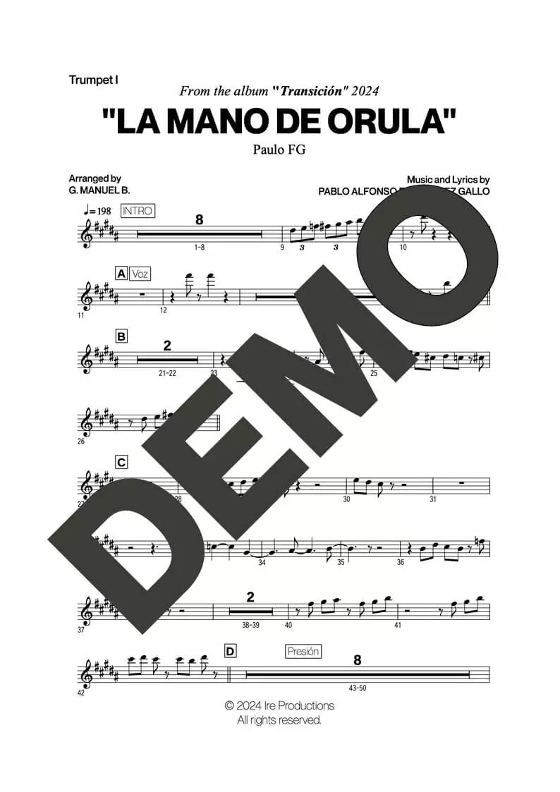 Paulo FG – La Mano de Orula – First Page of Sheet Music Preview (PDF) – Includes charts for Trumpets, Trombones, Saxophone, Piano and Bass