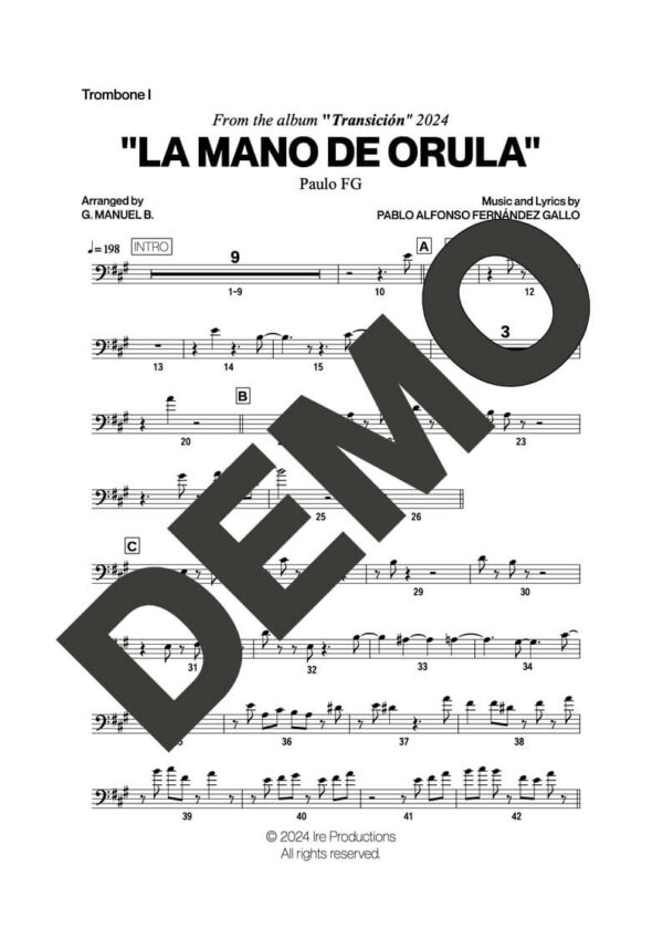 Paulo FG – La Mano de Orula – Sheet Music Demo Page 1 (PDF) – Includes charts for Trumpets, Trombones, Saxophone, Piano and Bass