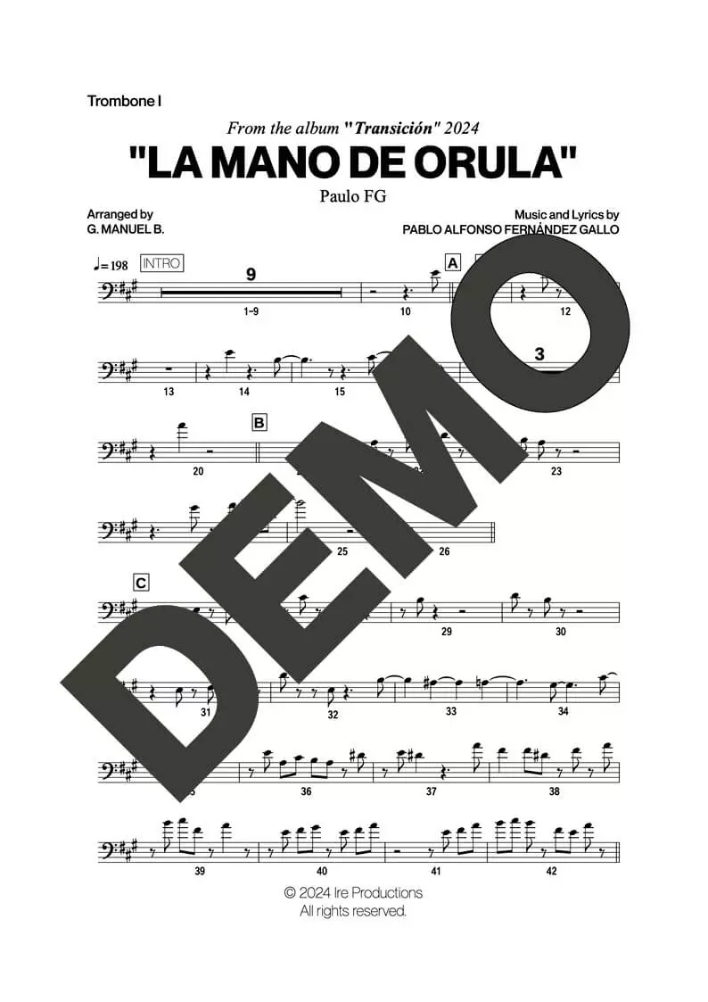Paulo FG – La Mano de Orula – Sheet Music Demo Page 1 (PDF) – Includes charts for Trumpets, Trombones, Saxophone, Piano and Bass