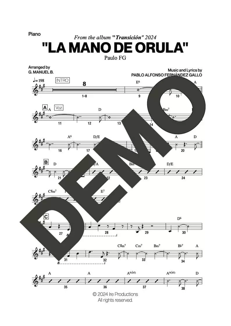 Paulo FG – La Mano de Orula – Sheet Music Demo Page 2 (PDF) – Includes charts for Trumpets, Trombones, Saxophone, Piano and Bass