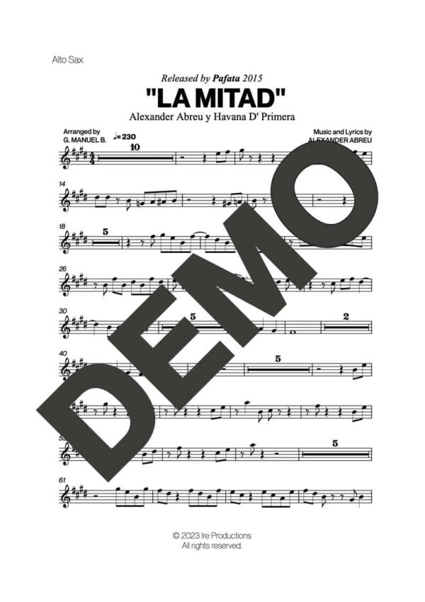 Havana D' Primera – La Mitad – First Page of Sheet Music Preview (PDF) – Includes charts for Trumpets, Trombones, Saxophone, Piano and Bass