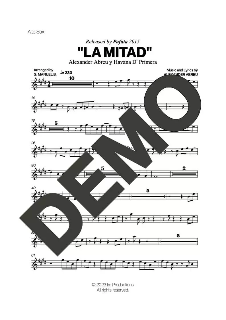 Havana D' Primera – La Mitad – First Page of Sheet Music Preview (PDF) – Includes charts for Trumpets, Trombones, Saxophone, Piano and Bass