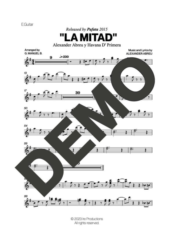 Havana D' Primera – La Mitad – Sheet Music Demo Page 3 (PDF) – Includes charts for Trumpets, Trombones, Saxophone, Piano and Bass