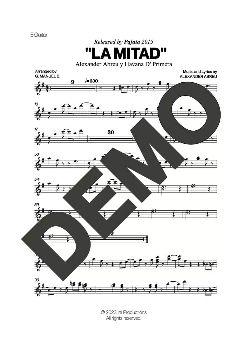Havana D' Primera – La Mitad – Sheet Music Demo Page 3 (PDF) – Includes charts for Trumpets, Trombones, Saxophone, Piano and Bass