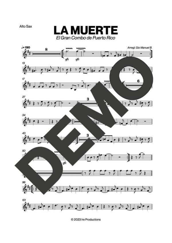 El Gran Combo de Puerto Rico – La Muerte – First Page of Sheet Music Preview (PDF) – Includes charts for Trumpets, Trombones, Saxophone, Piano and Bass