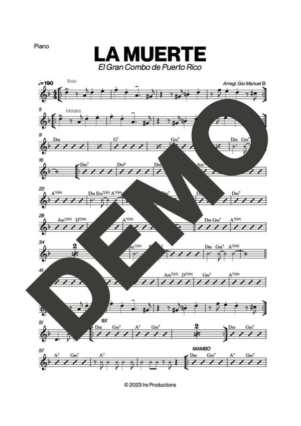 El Gran Combo de Puerto Rico – La Muerte – Sheet Music Demo Page 3 (PDF) – Includes charts for Trumpets, Trombones, Saxophone, Piano and Bass