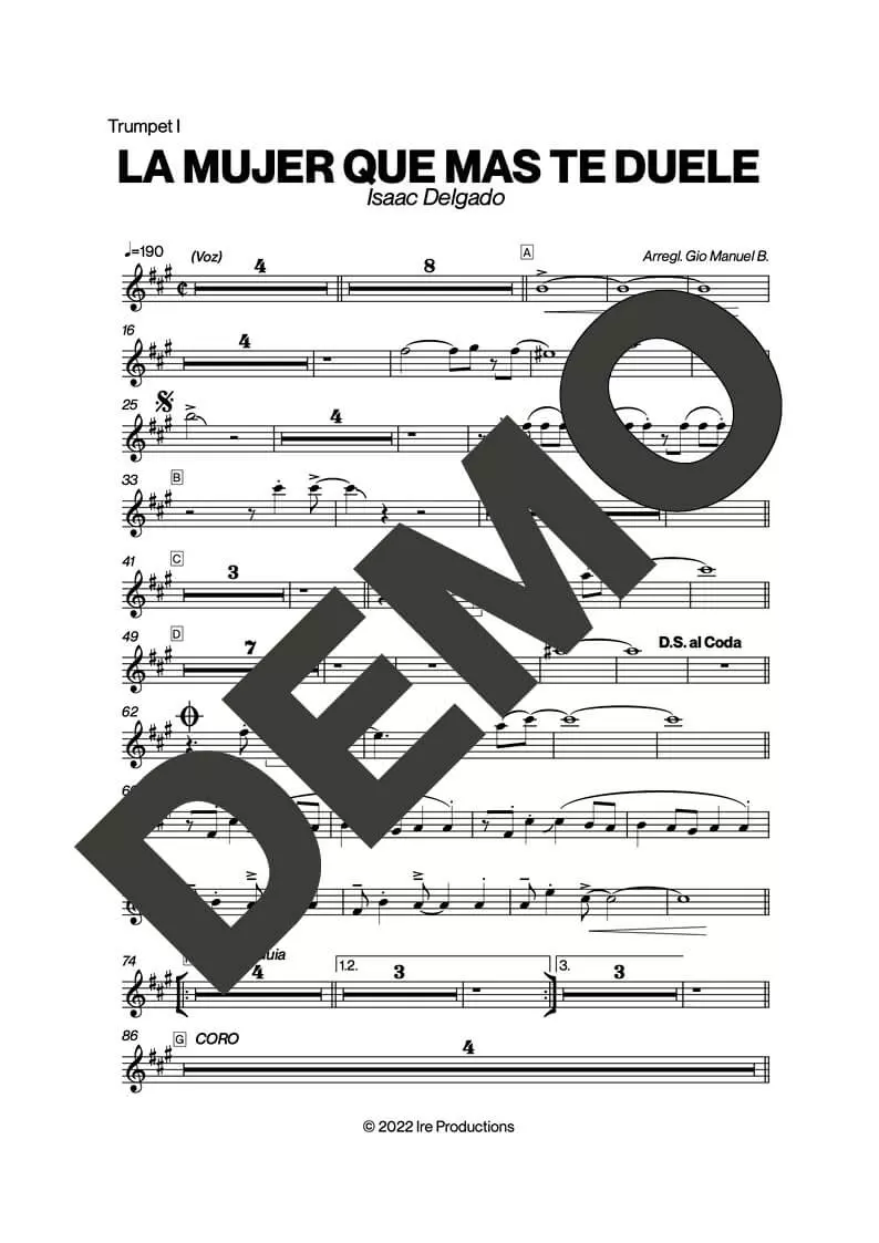 Issac Delgado – La Mujer Que Más Te Duele – Sheet Music Demo Page 1 (PDF) – Includes charts for Trumpets, Trombones, Saxophone, Piano and Bass