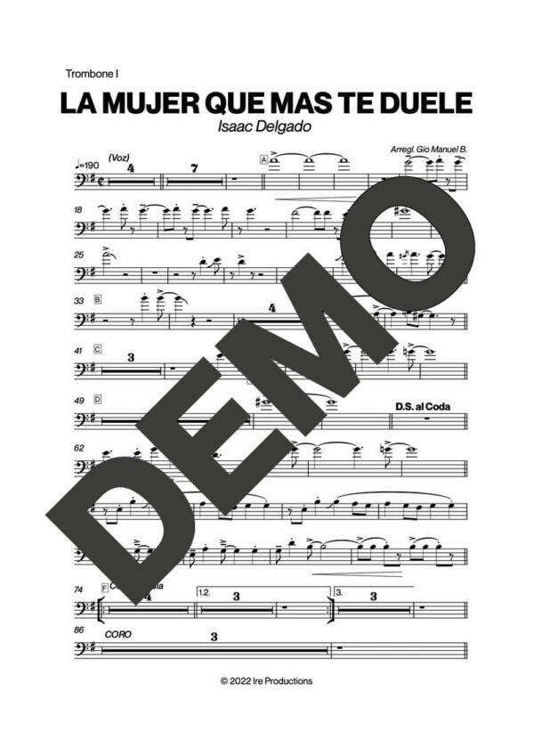 Issac Delgado – La Mujer Que Más Te Duele – Sheet Music Demo Page 2 (PDF) – Includes charts for Trumpets, Trombones, Saxophone, Piano and Bass