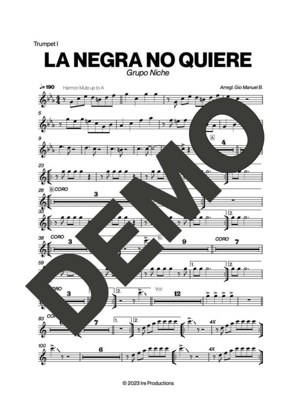 Grupo Niche – La Negra No Quiere – First Page of Sheet Music Preview (PDF) – Includes charts for Trumpets, Trombones, Saxophone, Piano and Bass