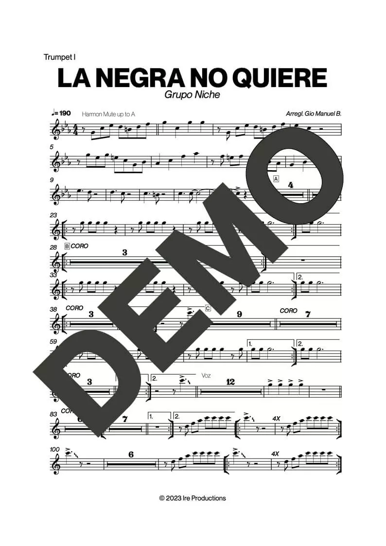Grupo Niche – La Negra No Quiere – First Page of Sheet Music Preview (PDF) – Includes charts for Trumpets, Trombones, Saxophone, Piano and Bass