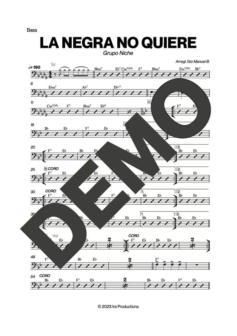 Grupo Niche – La Negra No Quiere – Sheet Music Demo Page 3 (PDF) – Includes charts for Trumpets, Trombones, Saxophone, Piano and Bass