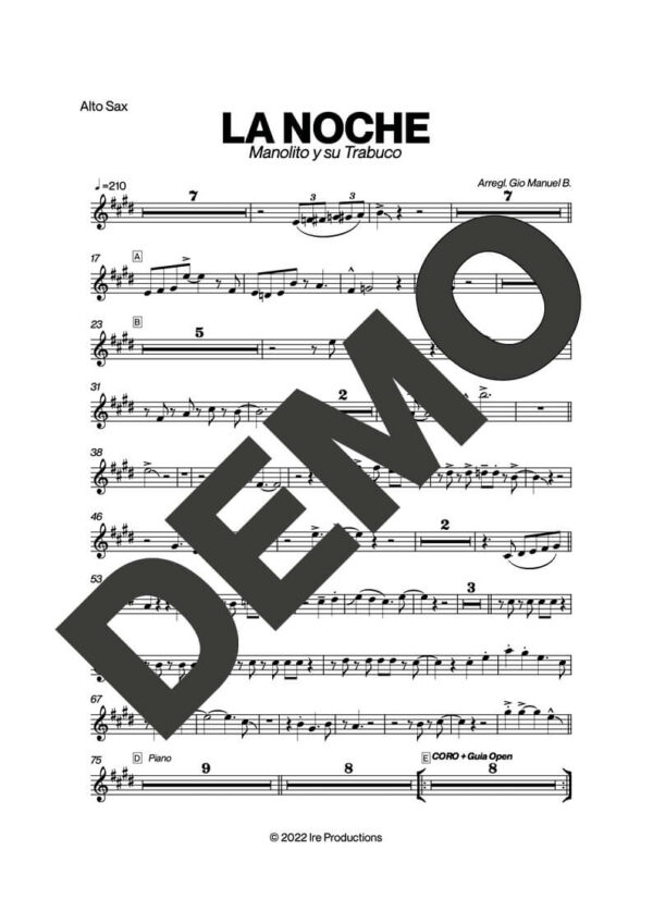 Manolito y su Trabuco – La Noche – First Page of Sheet Music Preview (PDF) – Includes charts for Trumpets, Trombones, Saxophone, Piano and Bass