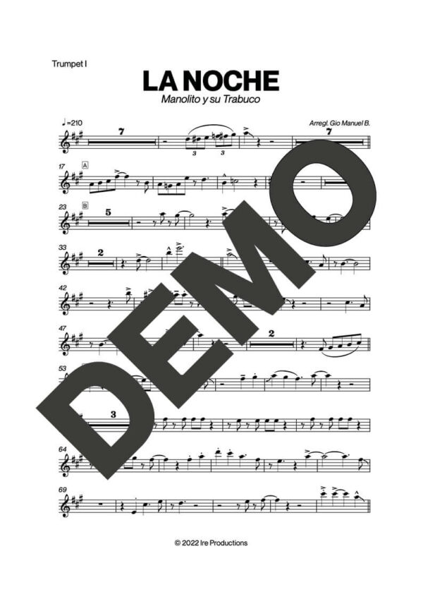 Manolito y su Trabuco – La Noche – Sheet Music Demo Page 1 (PDF) – Includes charts for Trumpets, Trombones, Saxophone, Piano and Bass