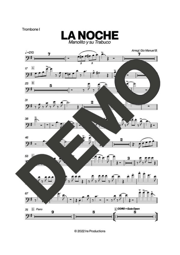 Manolito y su Trabuco – La Noche – Sheet Music Demo Page 2 (PDF) – Includes charts for Trumpets, Trombones, Saxophone, Piano and Bass