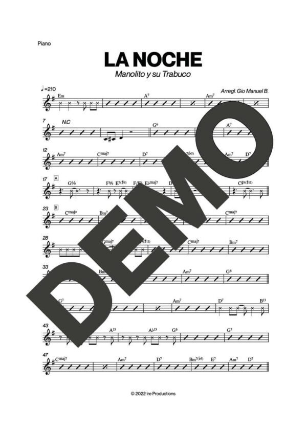 Manolito y su Trabuco – La Noche – Sheet Music Demo Page 3 (PDF) – Includes charts for Trumpets, Trombones, Saxophone, Piano and Bass