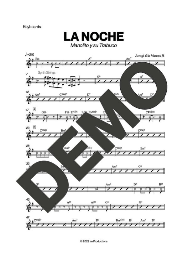 Manolito y su Trabuco – La Noche – Sheet Music Demo Page 4 (PDF) – Includes charts for Trumpets, Trombones, Saxophone, Piano and Bass