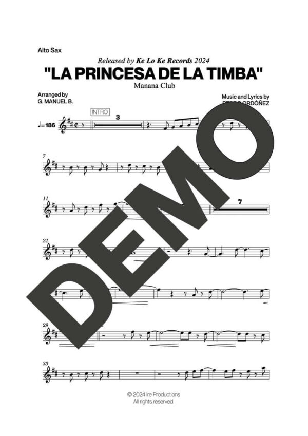 Manana Club – La Princesa de la Timba – First Page of Sheet Music Preview (PDF) – Includes charts for Trumpets, Trombones, Saxophone, Piano and Bass