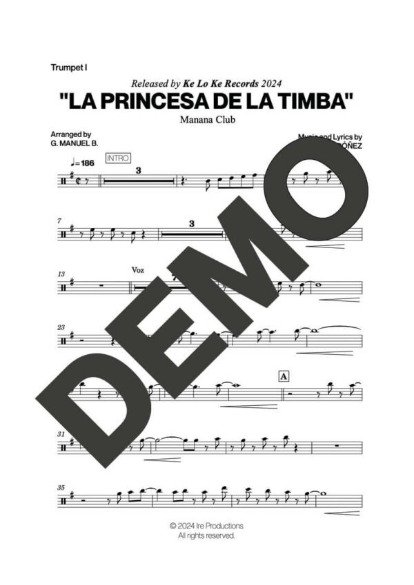 Manana Club – La Princesa de la Timba – Sheet Music Demo Page 1 (PDF) – Includes charts for Trumpets, Trombones, Saxophone, Piano and Bass