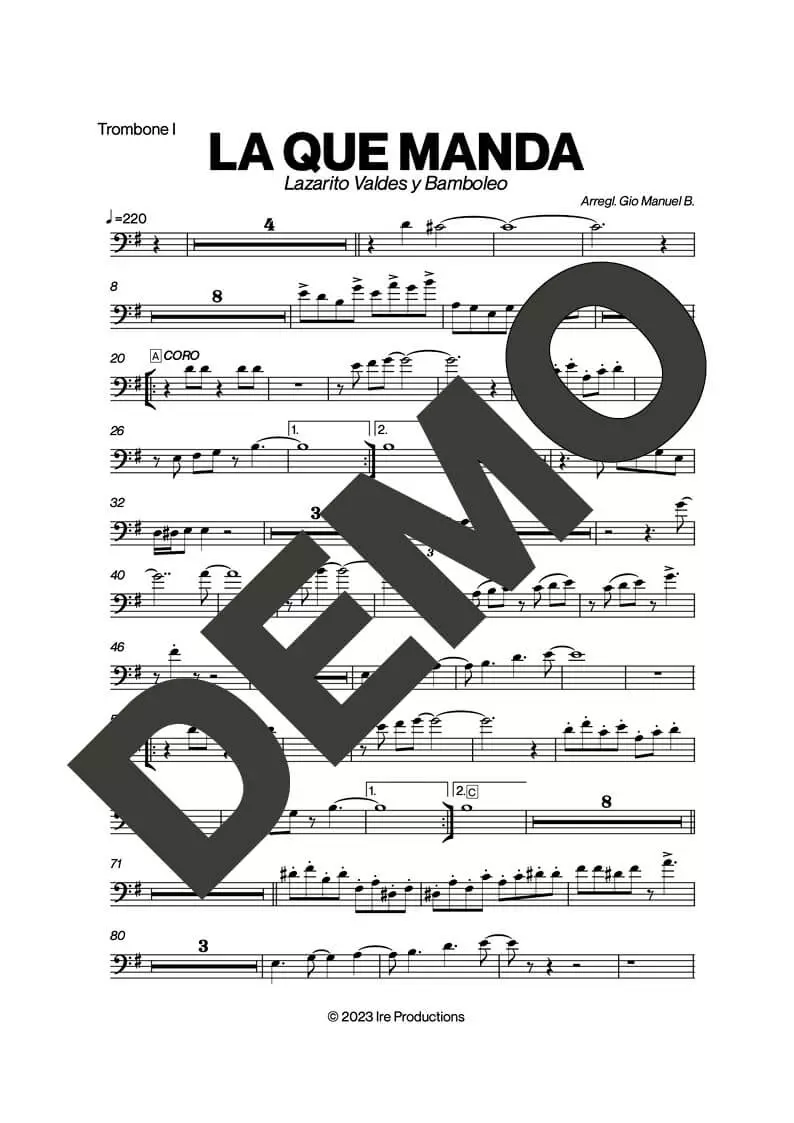 Bamboleo – La Que Manda – Sheet Music Demo Page 2 (PDF) – Includes charts for Trumpets, Trombones, Saxophone, Piano and Bass