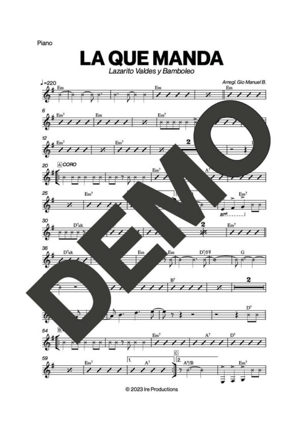 Bamboleo – La Que Manda – Sheet Music Demo Page 3 (PDF) – Includes charts for Trumpets, Trombones, Saxophone, Piano and Bass