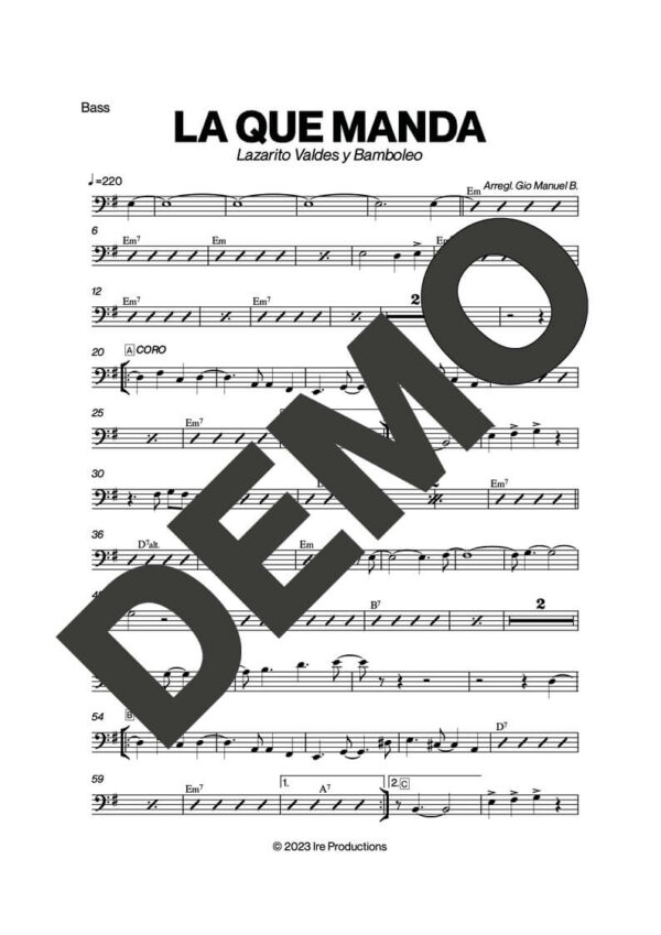 Bamboleo – La Que Manda – Sheet Music Demo Page 4 (PDF) – Includes charts for Trumpets, Trombones, Saxophone, Piano and Bass