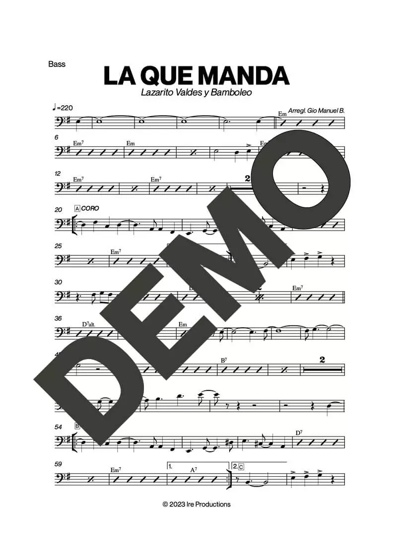 Bamboleo – La Que Manda – Sheet Music Demo Page 4 (PDF) – Includes charts for Trumpets, Trombones, Saxophone, Piano and Bass