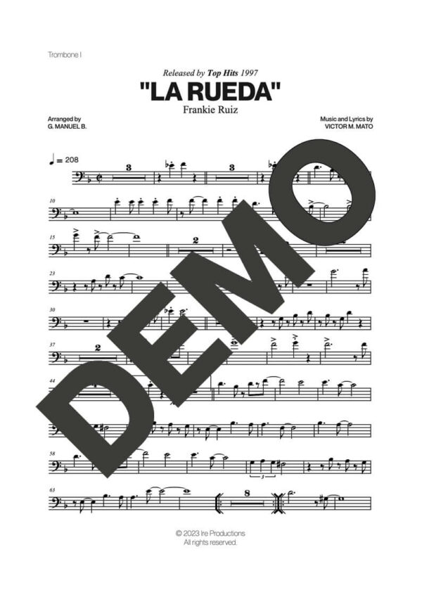 Frankie Ruiz – La Rueda – First Page of Sheet Music Preview (PDF) – Includes charts for Trumpets, Trombones, Saxophone, Piano and Bass