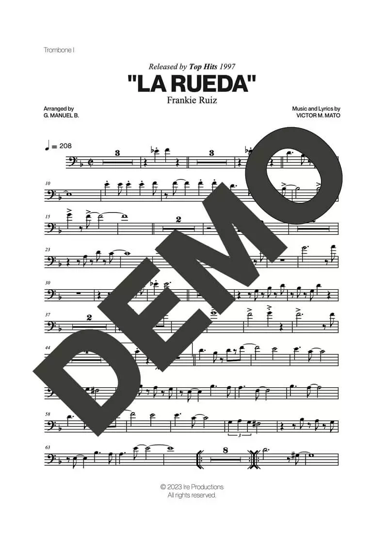 Frankie Ruiz – La Rueda – First Page of Sheet Music Preview (PDF) – Includes charts for Trumpets, Trombones, Saxophone, Piano and Bass