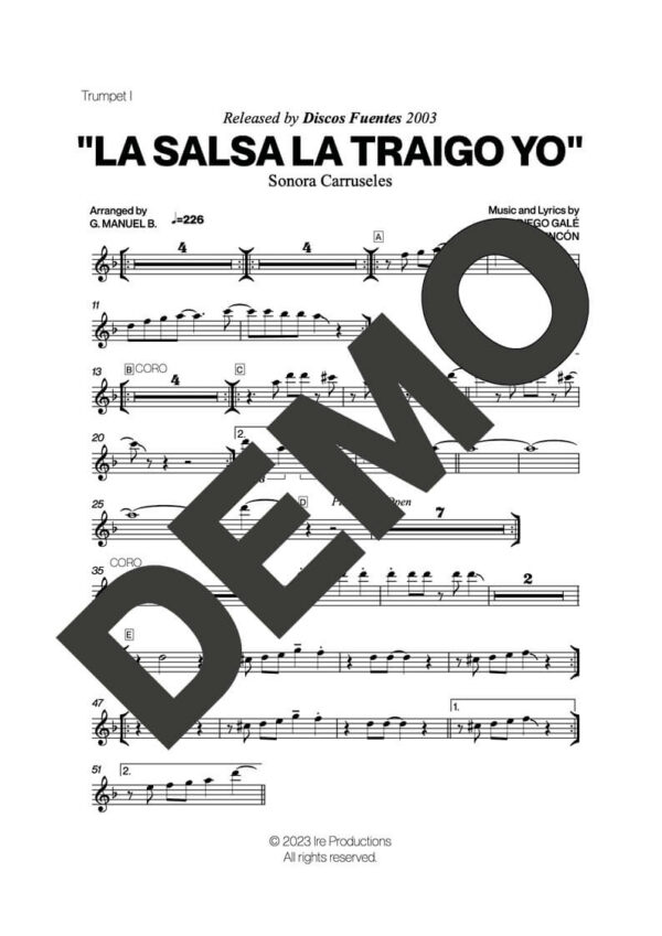 Sonora Carruseles – La Salsa La Traigo Yo – Sheet Music Demo Page 1 (PDF) – Includes charts for Trumpets, Trombones, Saxophone, Piano and Bass