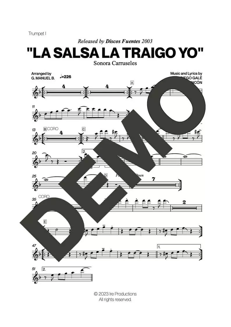 Sonora Carruseles – La Salsa La Traigo Yo – Sheet Music Demo Page 1 (PDF) – Includes charts for Trumpets, Trombones, Saxophone, Piano and Bass