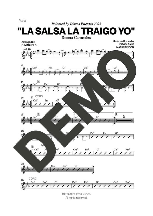 Sonora Carruseles – La Salsa La Traigo Yo – Sheet Music Demo Page 3 (PDF) – Includes charts for Trumpets, Trombones, Saxophone, Piano and Bass