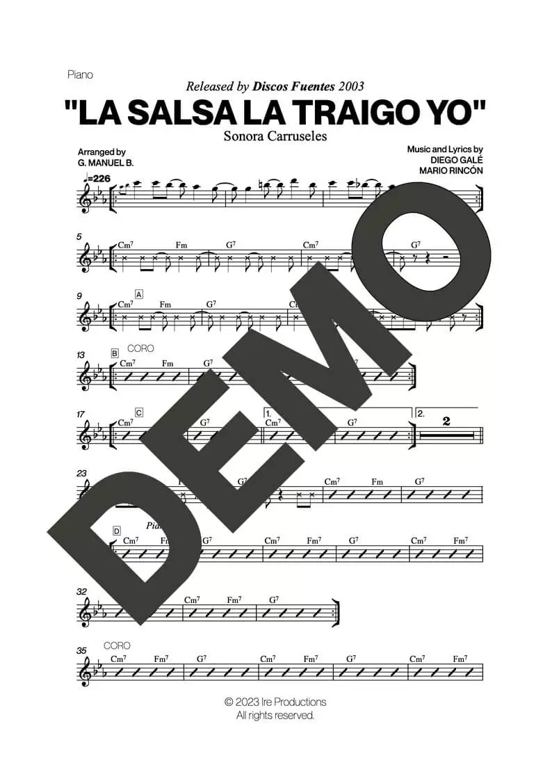 Sonora Carruseles – La Salsa La Traigo Yo – Sheet Music Demo Page 3 (PDF) – Includes charts for Trumpets, Trombones, Saxophone, Piano and Bass