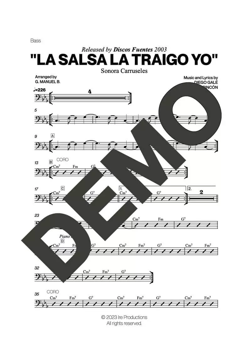 Sonora Carruseles – La Salsa La Traigo Yo – Sheet Music Demo Page 4 (PDF) – Includes charts for Trumpets, Trombones, Saxophone, Piano and Bass