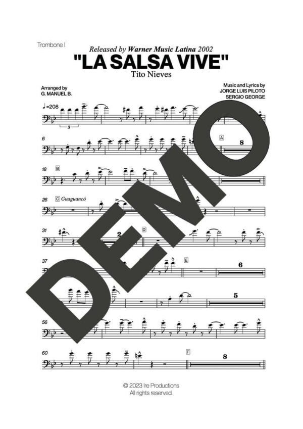 Tito Nieves – La Salsa Vive – Sheet Music Demo Page 2 (PDF) – Includes charts for Trumpets, Trombones, Saxophone, Piano and Bass