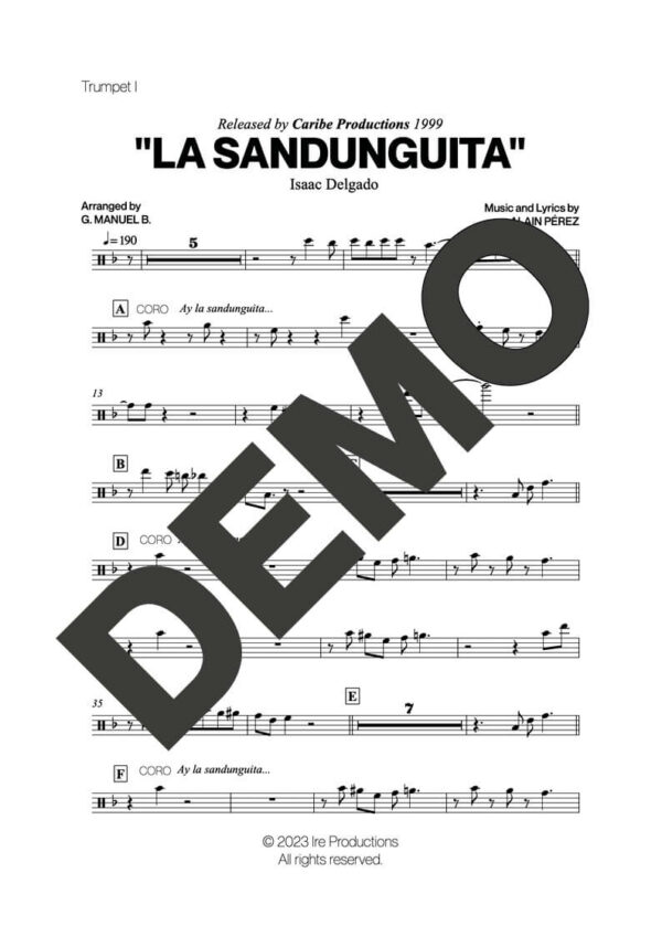 Issac Delgado – La Sandunguita – Sheet Music Demo Page 2 (PDF) – Includes charts for Trumpets, Trombones, Saxophone, Piano and Bass