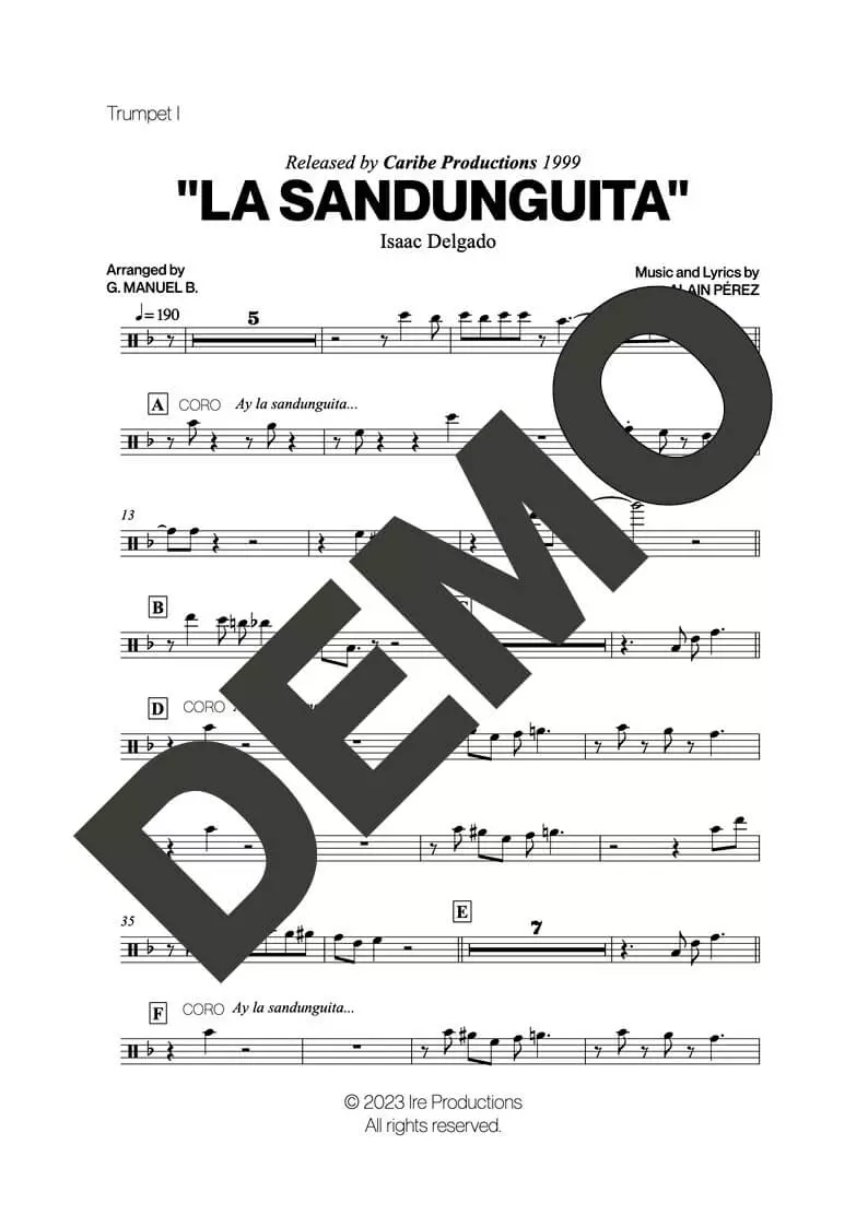 Issac Delgado – La Sandunguita – Sheet Music Demo Page 2 (PDF) – Includes charts for Trumpets, Trombones, Saxophone, Piano and Bass
