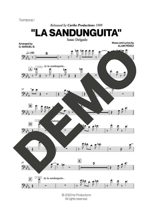 Issac Delgado – La Sandunguita – Sheet Music Demo Page 3 (PDF) – Includes charts for Trumpets, Trombones, Saxophone, Piano and Bass
