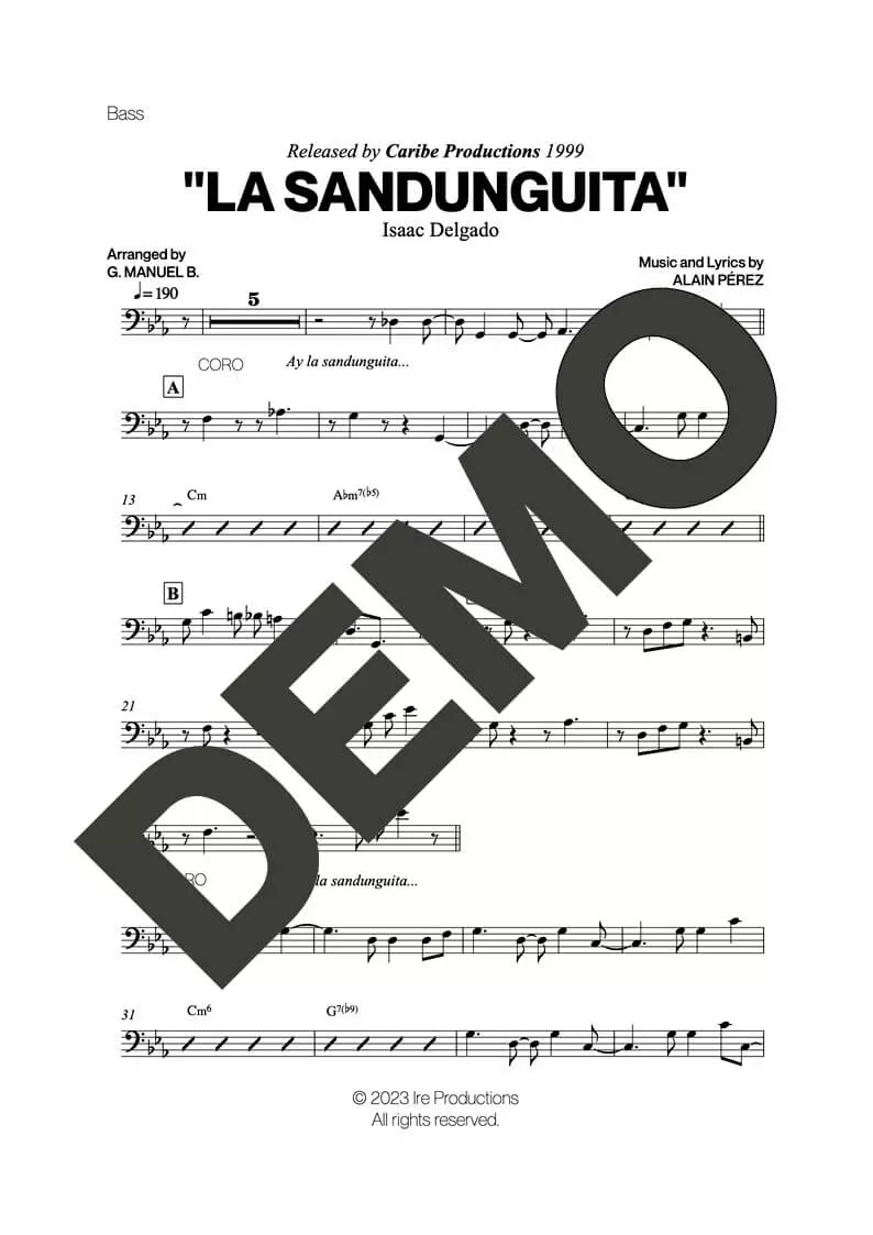 Issac Delgado – La Sandunguita – Sheet Music Demo Page 6 (PDF) – Includes charts for Trumpets, Trombones, Saxophone, Piano and Bass