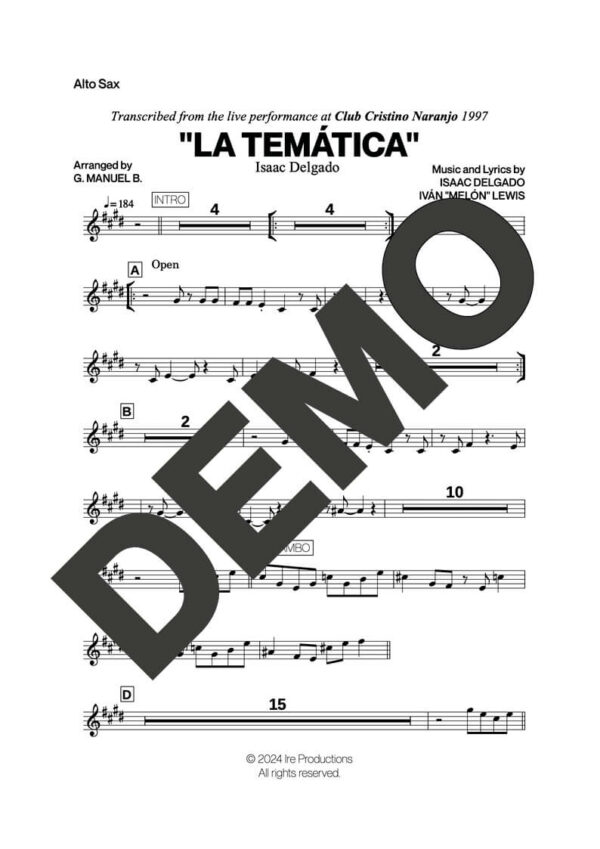 Issac Delgado – La Temática – First Page of Sheet Music Preview (PDF) – Includes charts for Trumpets, Trombones, Saxophone, Piano and Bass
