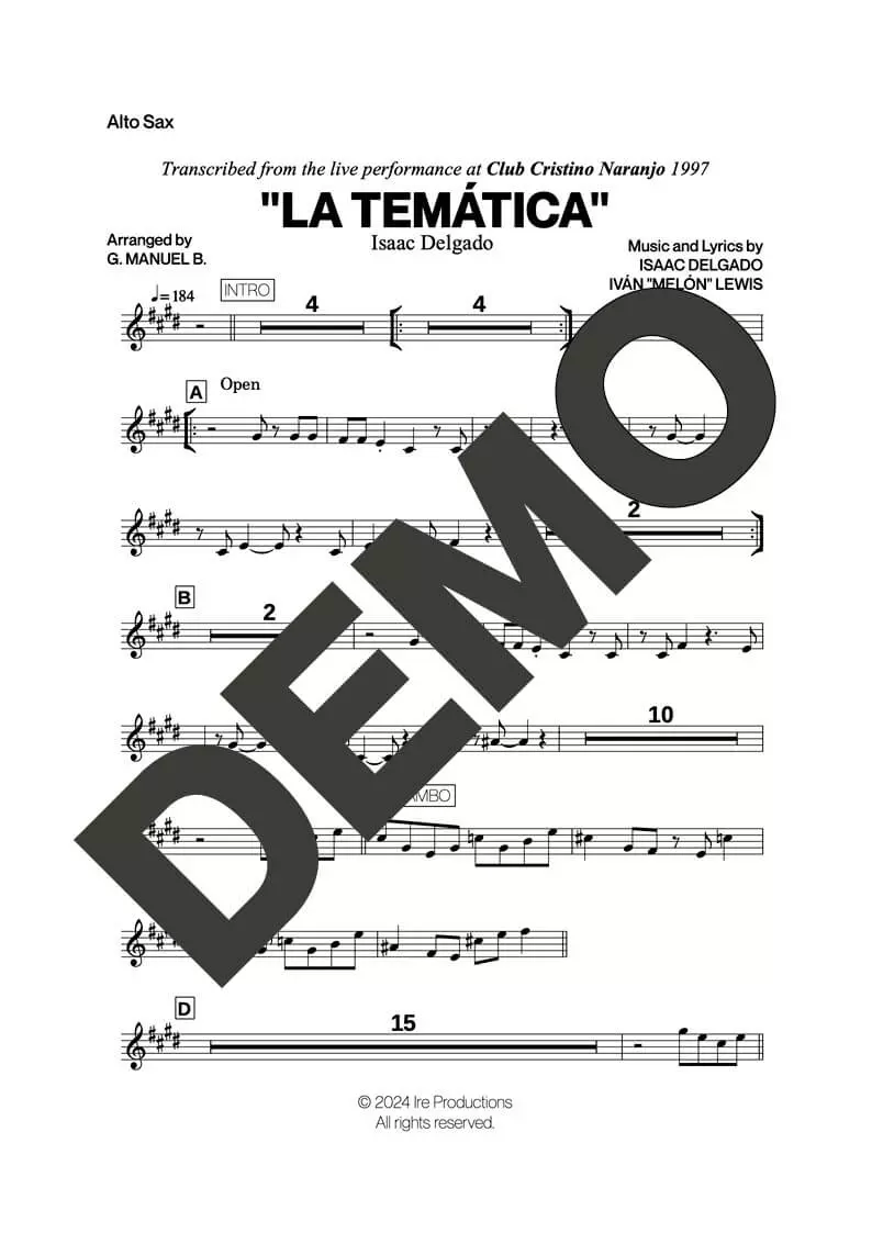 Issac Delgado – La Temática – First Page of Sheet Music Preview (PDF) – Includes charts for Trumpets, Trombones, Saxophone, Piano and Bass