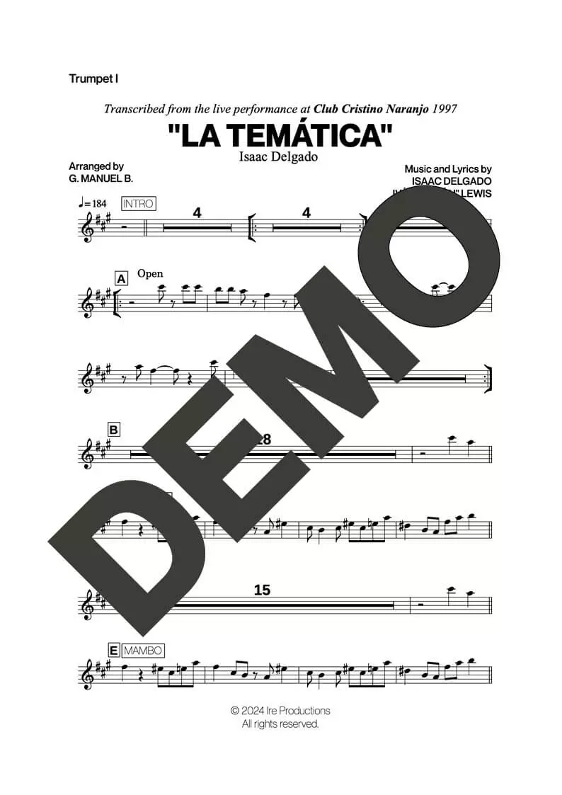 Issac Delgado – La Temática – Sheet Music Demo Page 1 (PDF) – Includes charts for Trumpets, Trombones, Saxophone, Piano and Bass