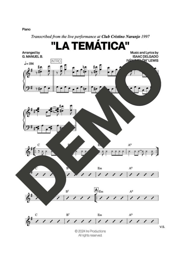 Issac Delgado – La Temática – Sheet Music Demo Page 3 (PDF) – Includes charts for Trumpets, Trombones, Saxophone, Piano and Bass